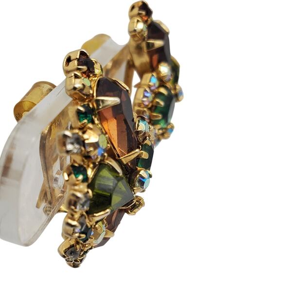Hobe Earrings Vintage Clip On Rhinestone AB Green Amber Signed Statement Vintage - Picture 3 of 10